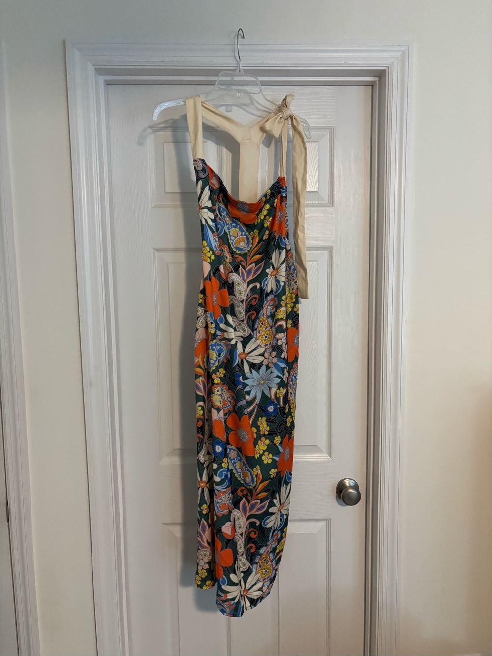 One-Shoulder Floral Maxi Dress in Multicolor with Beige Tie Strap